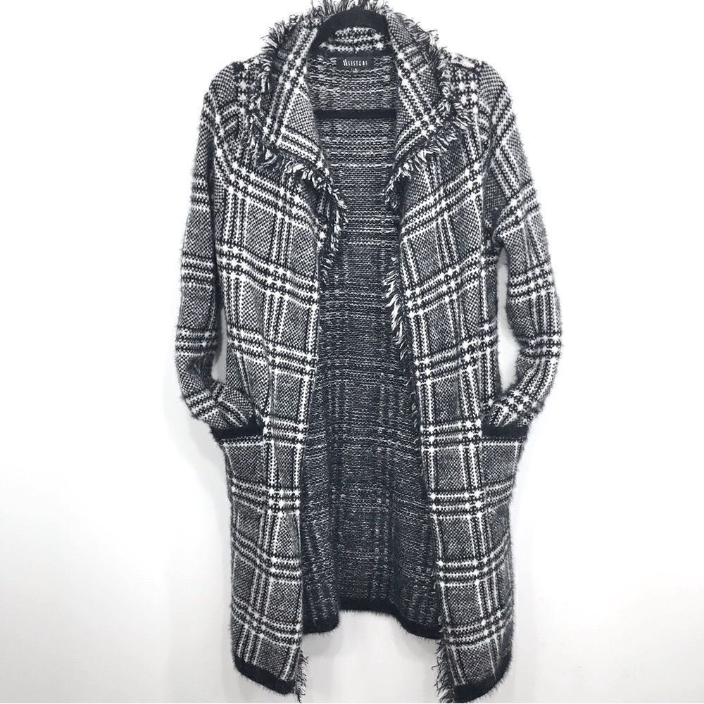 Two Sisters Black White Plaid Fringed Long Cardigan Sweater Coat